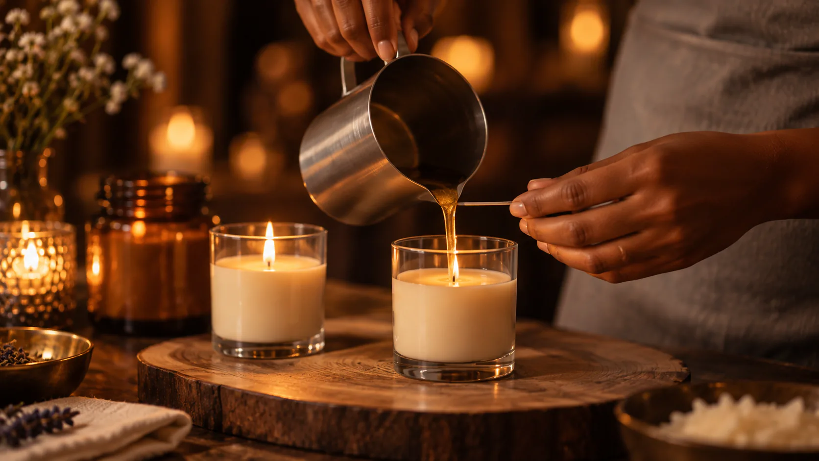 Warm wax being poured into a glass candle at a workshop.