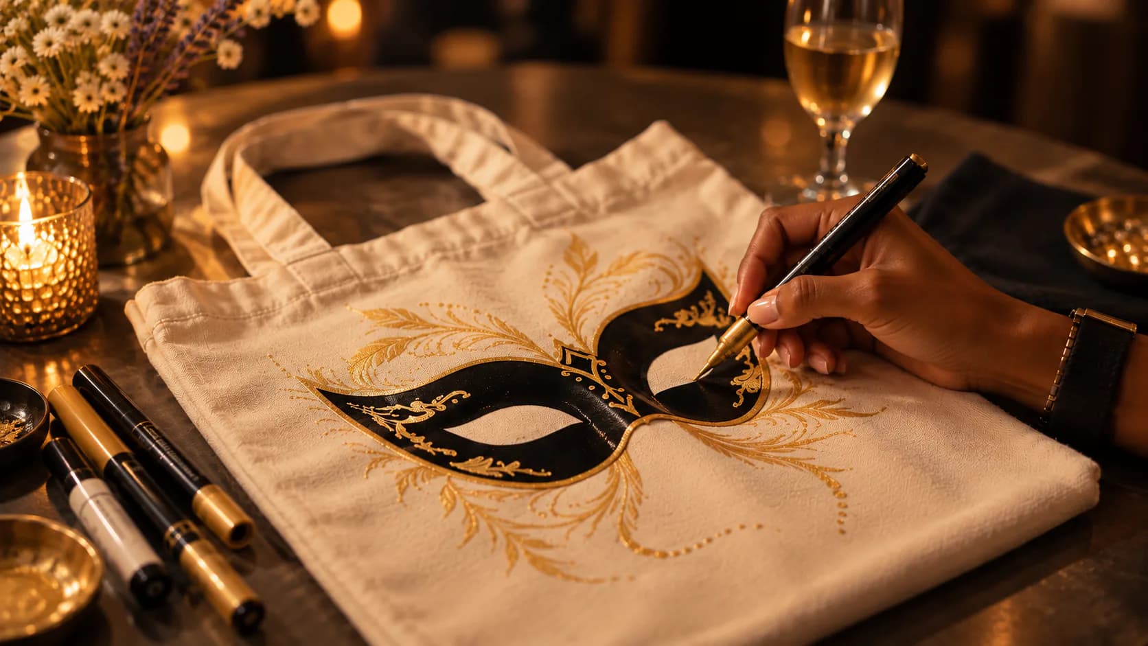 A decorated tote bag with a black masquerade mask design.